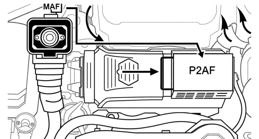 A detailed diagram illustrating the P2106 error code in a car engine. The diagram should show the mass airflow sensor (MAF) and its connection to the engine control unit (ECU). Arrows should indicate the flow of air and data. Highlight the sensor itself and the ECU connection. Use a clean, technical illustration style.