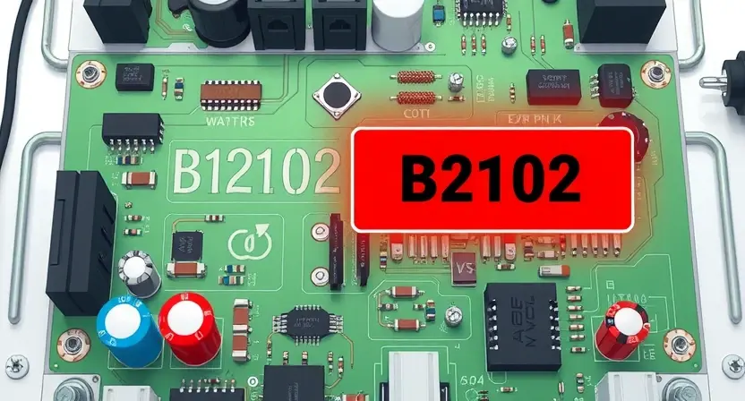A detailed illustration depicting an electrical circuit board with a highlighted area indicating a potential B2102 error. The circuit board should show various components like resistors, capacitors, and integrated circuits. The highlighted area should visually represent the error, perhaps with a red glow or a specific pattern. The background should be a clean, technical environment.