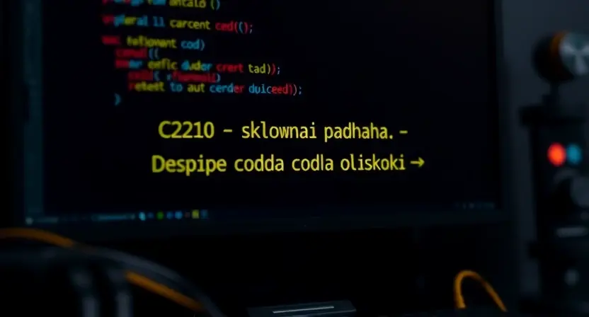 A complex code error message, "C2210 — сложная задача — Описание кода ошибки C2210", displayed on a dark computer screen. The error message should be highlighted with a bright, contrasting color. The background should be blurred, suggesting a technical environment.