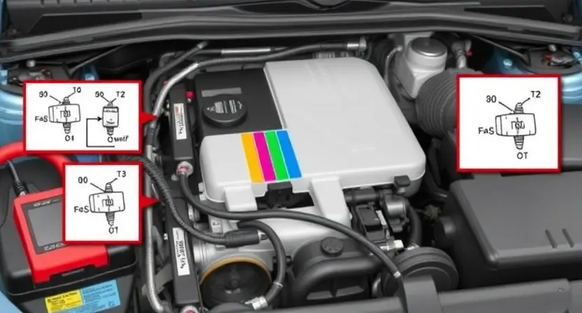 A detailed illustration of a car's engine bay, focusing on the electronic thermostat and its surrounding components. The thermostat should be clearly visible, possibly with a highlighted area indicating its malfunction. Include wiring diagrams and diagnostic tools around the thermostat to represent the troubleshooting process. The overall scene should be realistic and informative, suitable for a repair manual or online tutorial.