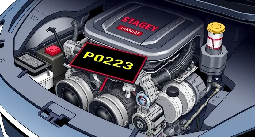 A detailed illustration of a car engine with a diagnostic error code P0223 highlighted. The engine should be realistically rendered, showing various components like the intake manifold, camshaft, and sensors. The error code should be clearly visible on a digital display near the engine.