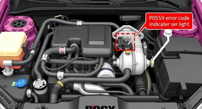 A detailed illustration of a car's engine bay, focusing on the vacuum lines and hoses connected to the brake booster. The image should clearly show the P0559 error code indicator light on the dashboard. The engine should be in a neutral state, with no visible damage.