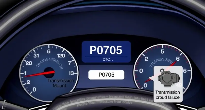 A detailed illustration of a car's dashboard with a diagnostic trouble code (DTC) display showing "P0705". The dashboard should be brightly lit and clearly show the error code. Include visual cues representing the potential causes of the error, such as a loose or damaged transmission mount, a faulty transmission control module, or a problem with the transmission fluid. The overall style should be informative and visually appealing, suitable for a technical guide.