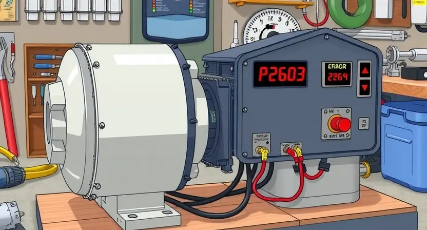A detailed illustration of an electrical pump with a P2603 error message displayed on a control panel. The pump should be shown in a workshop setting, with tools and electrical components visible. Focus on the wiring and potential points of failure.