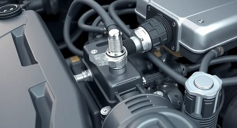 A close-up, detailed illustration of a car engine bay with a focus on the coolant temperature sensor. The sensor should be clearly visible, along with surrounding hoses and wiring. The engine should appear clean and well-maintained. The overall lighting should be bright and professional, highlighting the components.