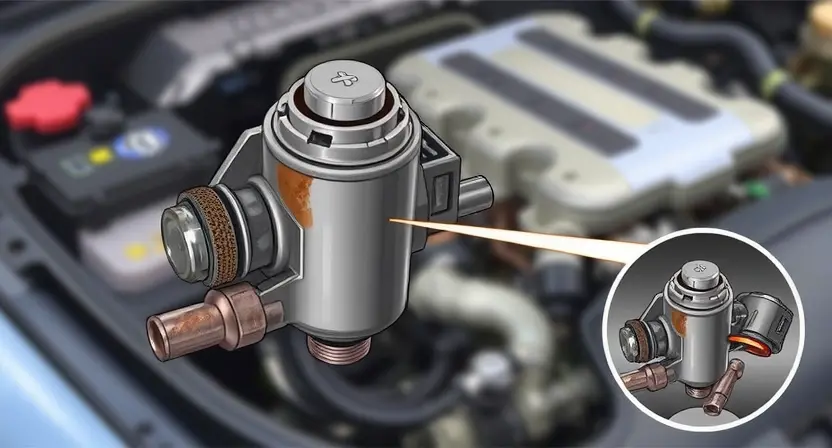 A detailed illustration of a car's pressure control solenoid, highlighting potential signs of malfunction. Include visual cues like a slightly corroded exterior, a loose connection, and a depiction of the solenoid's internal components. The background should be a slightly blurred view of a car engine bay.