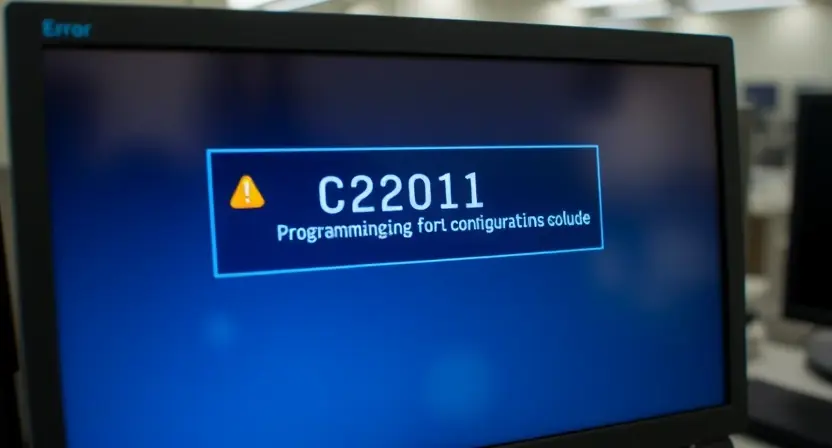 A computer screen displaying an error message "C2201" with a highlighted section indicating a programming or configuration issue. The background should be a blurred office environment with a desk and computer equipment. Focus on the error message and the screen's interface.