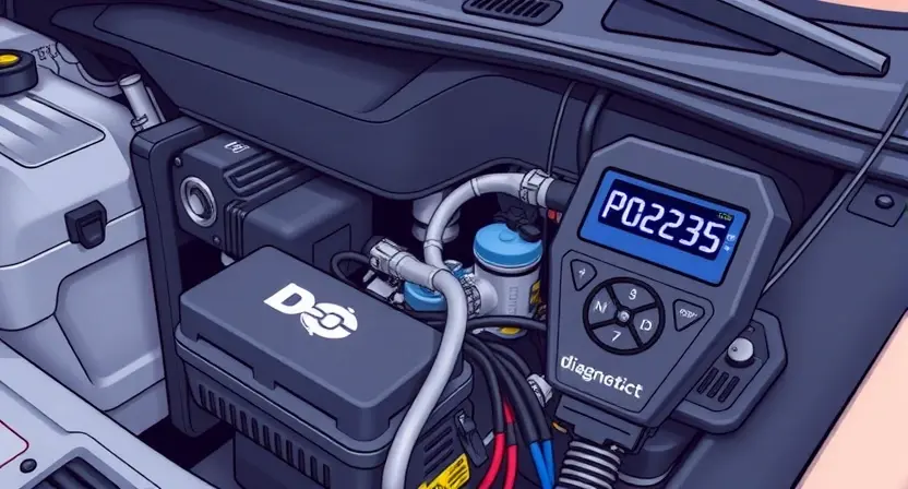 A detailed illustration of a car's engine bay with a diagnostic code reader displaying 'P0225'. Focus on the engine components, wiring, and the code reader. The background should be a slightly blurred view of the car's interior.