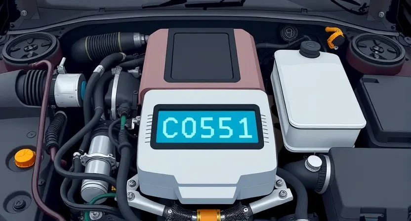 A detailed illustration of a car's engine bay with a highlighted diagnostic screen displaying 'C0561' error code. Focus on the engine components and the digital display. The overall scene should convey a sense of technical inspection and problem-solving. Include various engine parts like hoses, belts, and wires, but keep the focus on the error message.