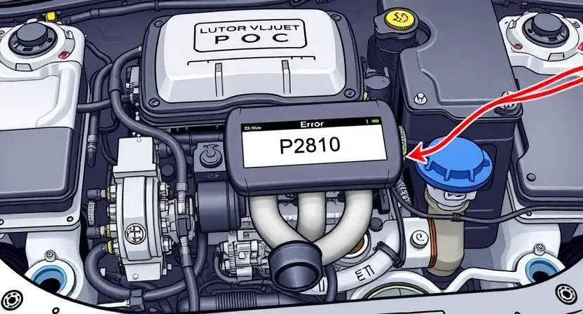 A detailed illustration of an automotive engine bay with a diagnostic tool connected to the engine's computer. The engine should be partially disassembled to show wiring and sensors. A clear, digital display on the diagnostic tool shows the error code P2810. Focus on technical accuracy and clarity.