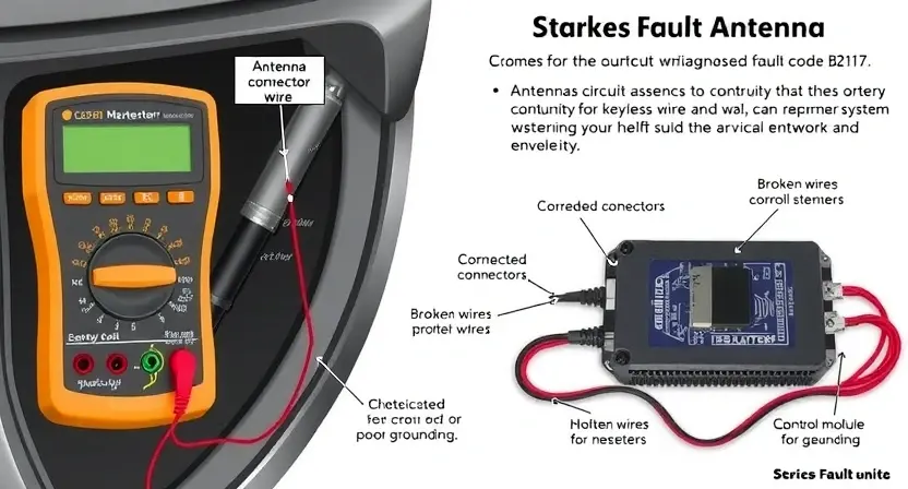 A detailed technical illustration showing the antenna circuit of a keyless entry system in a vehicle, with focus on wiring and connections. The image highlights a multimeter testing continuity and voltage at various points along the antenna wire, connectors, and control module. Labels indicate common fault points such as corroded connectors, broken wires, or poor grounding. The style is clean, educational, and schematic-like, emphasizing diagnostic procedures for fault code B2107.