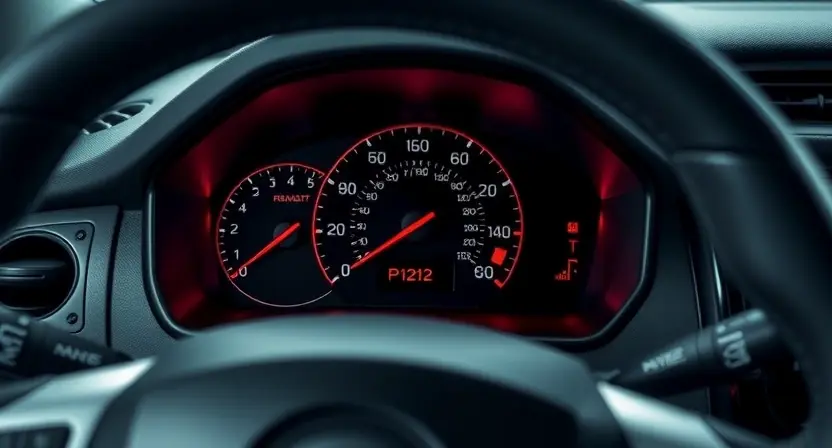 A close-up, detailed image of a Nissan vehicle's dashboard, specifically highlighting the instrument cluster and any warning lights illuminated. The focus should be on the area where a P1212 error code might be displayed. The car should be clean and modern looking.