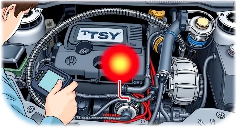 A detailed illustration of a car engine with a highlighted oxygen sensor, showing the sensor's location and its connection to the exhaust system. The image should depict a mechanic using a diagnostic tool to check the sensor's activity, with various engine components visible in the background.