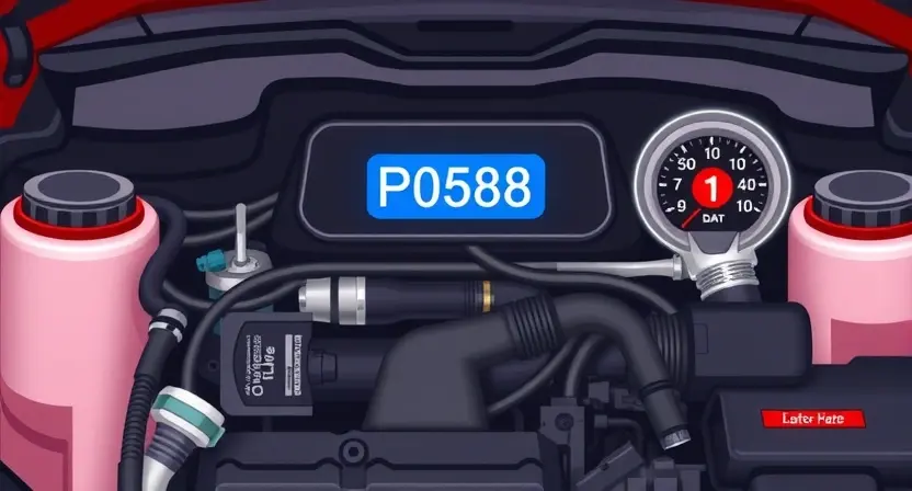 A detailed illustration of a car's engine bay, highlighting the P0588 error code indicator light on the dashboard. Focus on the diagnostic tools and components related to the issue, such as sensors, wiring, and potential failure points. The image should convey a sense of technical inspection and problem-solving.