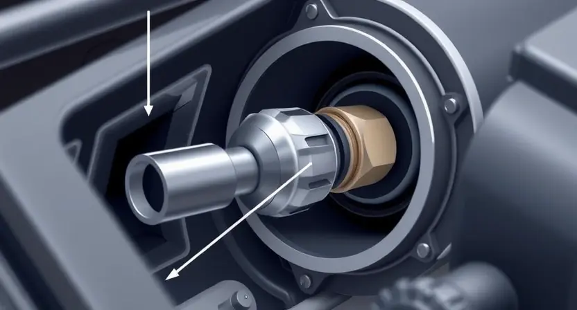 A close-up illustration of an oxygen sensor (A/F sensor) inside an engine, highlighting its components and how it measures the oxygen levels in exhaust gases. Show the sensor's electrical connector and its position within the exhaust manifold. Focus on the sensor's physical structure and its connection to the engine system.