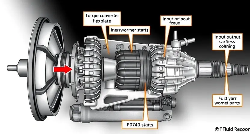 A detailed illustration of a car's transmission system, highlighting the torque converter, flexplate, and input/output shafts. Focus on the components related to the P0740 error code. Include visual cues indicating potential issues like worn parts or fluid leaks.