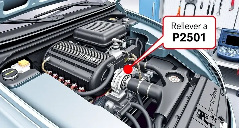 A detailed illustration of a car engine with a highlighted section indicating the area where the P2501 error code is typically related, such as the fuel system or throttle body. The image should show the engine components in a realistic and technical manner, with a focus on the specific parts that might cause the P2501 error. The background should be a clean, professional workspace with tools and diagnostic equipment visible.