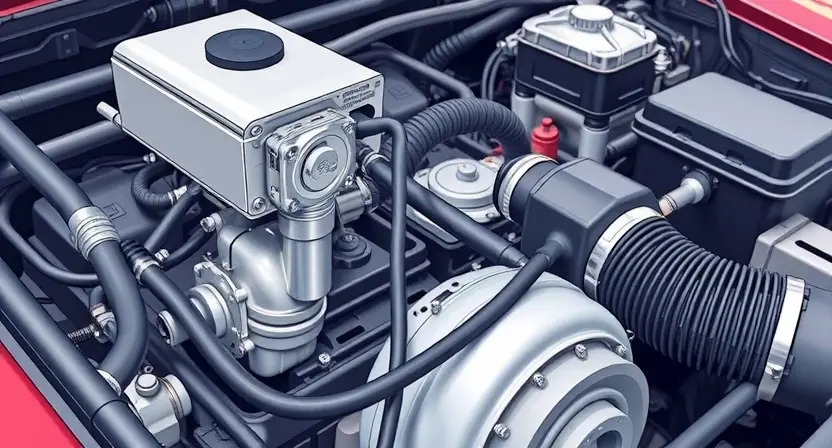 A detailed illustration of a car's engine bay, focusing on the wastegate solenoid and its associated components. The solenoid should be clearly visible, with wiring and hoses connected. The background should be slightly blurred to emphasize the solenoid.