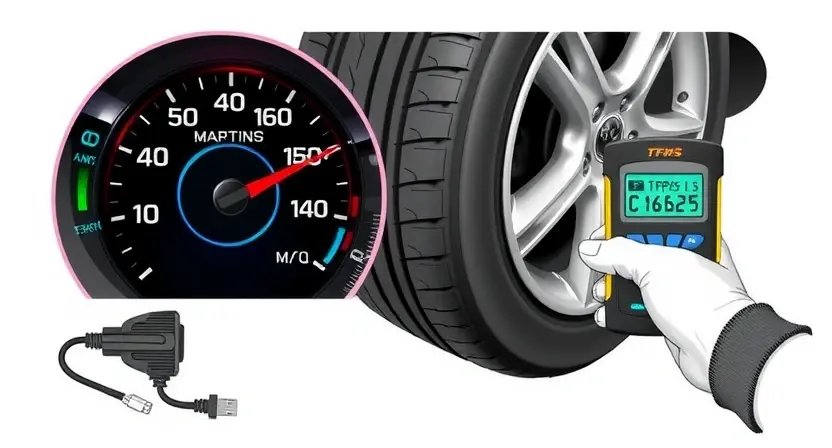 A high-quality technical illustration showing a tire pressure monitoring system (TPMS) sensor and dashboard warning light indicating an error code C1625, with a mechanic's hand holding a diagnostic tool near a tire, clean white background, professional automotive repair setting, no text or numbers on image