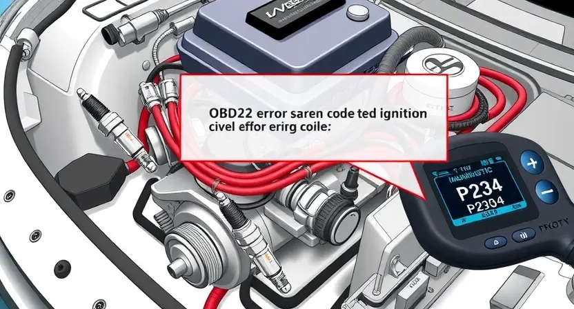 A high-quality technical illustration showing a modern car engine with visible ignition system components such as spark plugs, ignition coils, and wiring harnesses, overlaid with diagnostic equipment like an OBD2 scanner displaying error code P2304, clean background, professional lighting, no text or numbers on the image