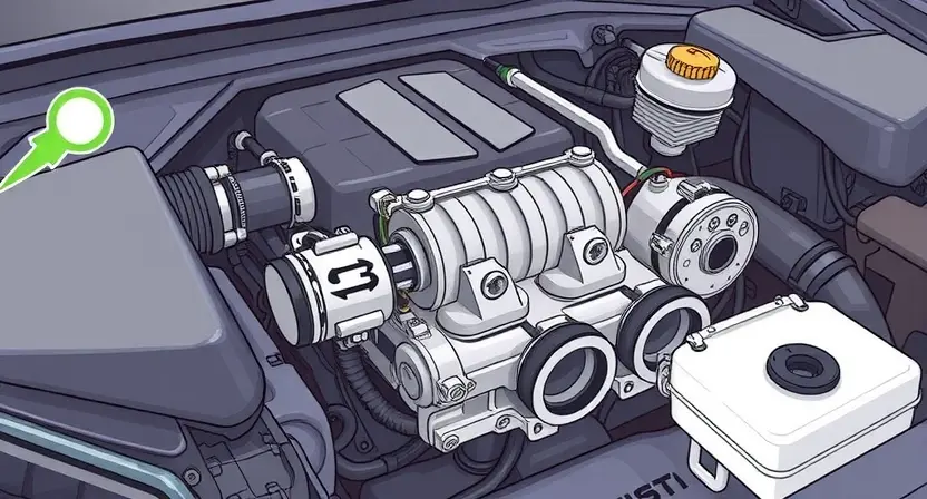 A detailed illustration of a car engine bay, focusing on the intake manifold and throttle body. The throttle body is visibly stuck or partially blocked, with a visual representation of the valve mechanism jammed. The engine should appear clean and well-maintained, with clear visibility of the components. Use realistic lighting and shading to highlight the issue.