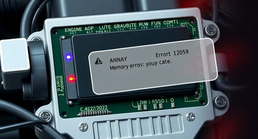 A close-up, detailed illustration of an automotive engine control module (ECM) with a visual representation of memory errors. Include circuit board elements, diagnostic lights, and a subtle overlay indicating a memory error state. Focus on the technical aspects of the module.