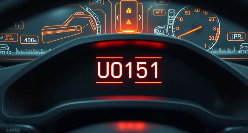 A modern car dashboard with a glowing check engine light displaying the error code U0151 on a digital screen, surrounded by subtle automotive wiring diagrams and sensor icons in the background, soft ambient lighting, realistic style, no text or letters visible except the error code U0151 itself