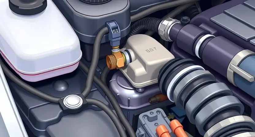 A close-up, detailed illustration of a car's engine bay, highlighting the coolant temperature sensor and surrounding components. The image should convey a sense of technical precision and clarity, focusing on the sensor's location and connections. The overall aesthetic should be clean and informative, suitable for a repair manual or diagnostic guide.