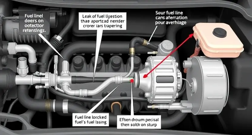 A detailed illustration of a car's fuel system, highlighting potential mechanical issues. Include fuel lines, fuel injectors, the fuel pump, and a visual representation of possible blockages or leaks. Focus on clarity and technical accuracy.