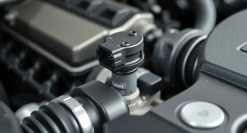 A close-up shot of a car's engine bay, focusing on the mass airflow sensor (MAF sensor). The sensor should be clearly visible, with surrounding engine components slightly blurred. The overall lighting should be bright and clean, highlighting the sensor's details.