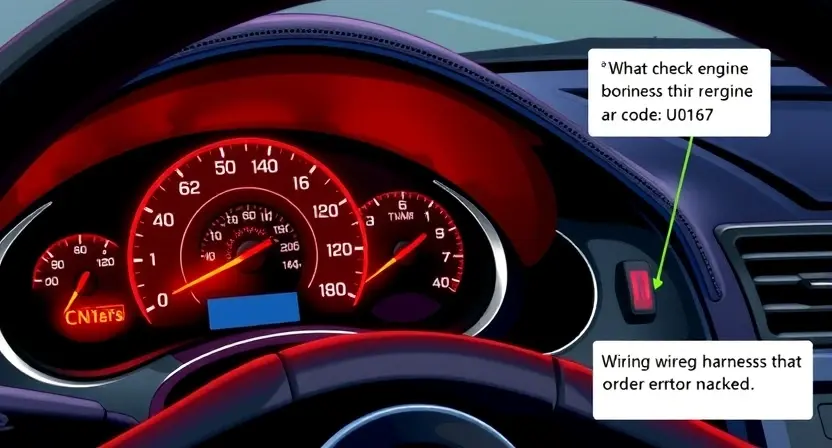 A detailed illustration of a car's dashboard with the check engine light illuminated, indicating a U0167 error code. The dashboard should show various warning lights and gauges. The car's engine compartment should be visible in the background, with a focus on the wiring harness and connectors related to the error code.
