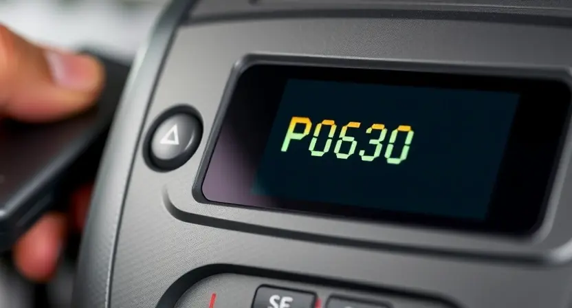 A close-up shot of an engine control unit (ECU) with a diagnostic display showing a P0630 error code. The ECU should be detailed and well-lit, highlighting the error message. A mechanic's hand could be subtly visible in the background, holding a diagnostic tool.