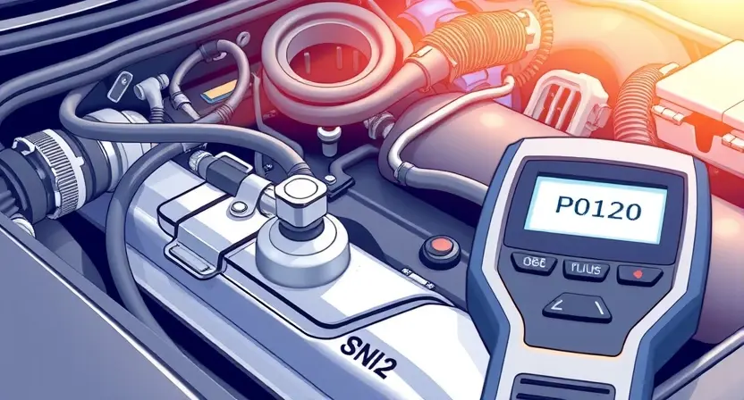 A close-up, detailed illustration of a car engine bay, focusing on the oxygen sensor and its wiring. The sensor should be clearly visible, along with the surrounding engine components like hoses and belts. A diagnostic tool (like an OBD2 scanner) is subtly present, displaying a P0120 error code. The overall lighting should be bright and professional, emphasizing the technical aspects of the scene. The image should convey a sense of automotive diagnostics and repair.