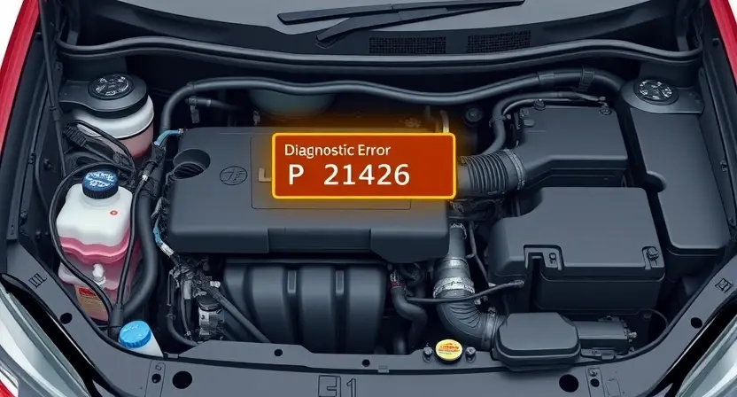 A detailed technical illustration of a Lada car engine compartment showing a highlighted error code P1426 on a diagnostic display, with visible components like sensors and wiring harnesses, clean background, high technical accuracy