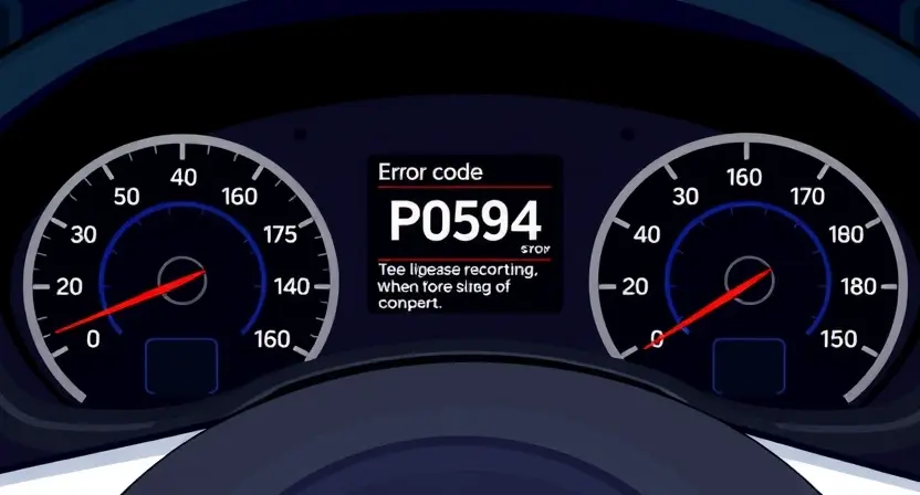 A detailed illustration of a car's dashboard with a diagnostic display showing the error code P0594. The display should clearly show the code and a brief explanation. The dashboard should be realistically rendered, with visible gauges and buttons. Focus on the error code display being the central element.