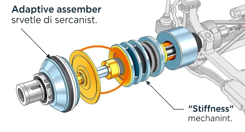 A detailed technical illustration of a car's adaptive shock absorber system. Focus on the internal components: the shock absorber body, piston, valves, and fluid. Highlight the linkages and connections to the vehicle's chassis and suspension. Use clear visual cues to indicate the 'stiffness' adjustment mechanism. The overall image should convey precision engineering and technical accuracy.
