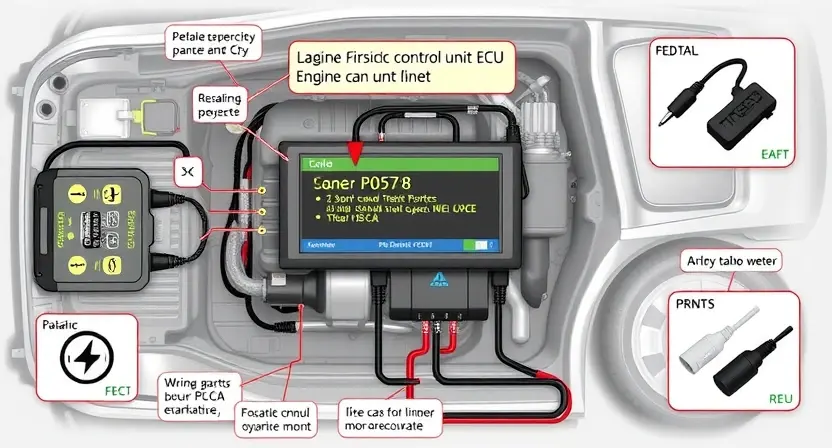 A detailed illustration of a car's engine control unit (ECU) with various diagnostic tools connected, highlighting the P0578 error code. Include visual representations of relevant sensors and wiring.