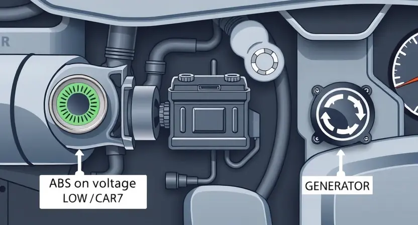 A high-quality technical illustration showing a car's ABS pump with a warning indicator for low voltage, a battery symbol with low charge, and a generator symbol with a fault sign, all rendered in a clean, professional style with accurate automotive components and clear labels