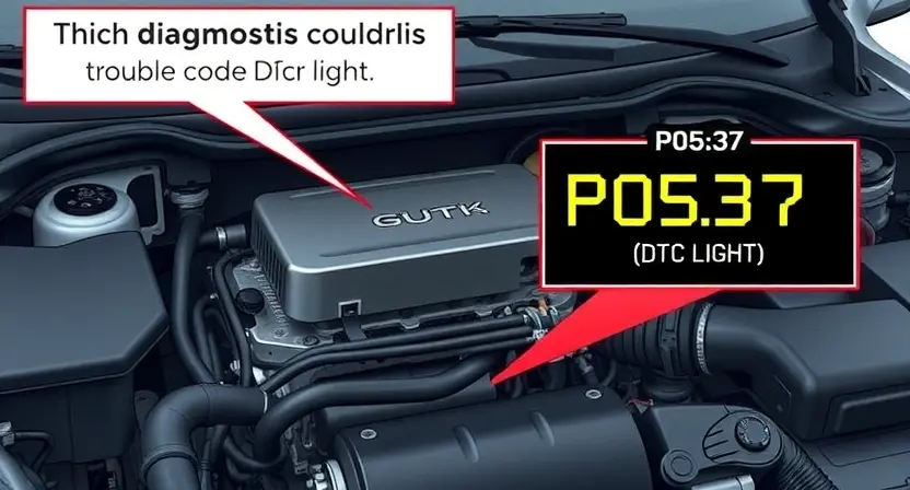A detailed illustration of a car's engine bay with a diagnostic trouble code (DTC) light illuminated. Focus on the engine components, wiring, and the DTC light itself. Include a visual representation of the P0537 error code displayed on a dashboard or diagnostic screen.