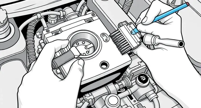 A detailed illustration of a car's throttle body being cleaned. The throttle body should be clearly visible, with cleaning tools like brushes and solvents shown in use. Focus on the internal components and the cleaning process.