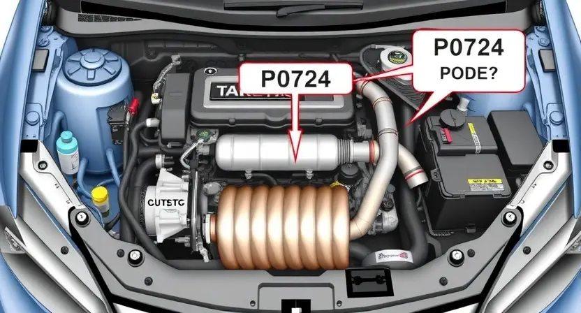 A detailed illustration of a car's engine bay, specifically highlighting the catalytic converter and exhaust system. The image should show the components clearly and accurately, with labels indicating the P0724 code's relevance to the system. Focus on the technical aspects of the engine and exhaust.