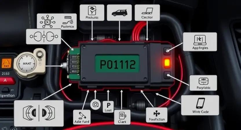 A detailed illustration of a car's engine control unit (ECU) with wiring diagrams and diagnostic tools surrounding it. Focus on the P0112 error code indicator light on the dashboard.