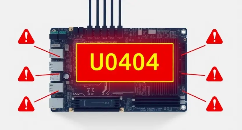 A high-quality technical illustration showing a computer motherboard with a highlighted error code U0404 displayed on a diagnostic screen, surrounded by warning symbols like exclamation marks and red alert icons, clean minimalistic design, professional lighting, no text or letters on the image
