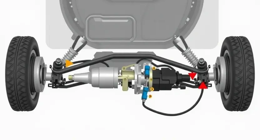 A detailed illustration of a car's suspension system, specifically highlighting the adaptive shock absorber and its associated wiring harness. The image should show the components clearly, with arrows indicating the flow of hydraulic fluid and electrical signals. Focus on the internal mechanisms of the shock absorber and its connection to the chassis. The background should be a clean, neutral color to emphasize the technical details.