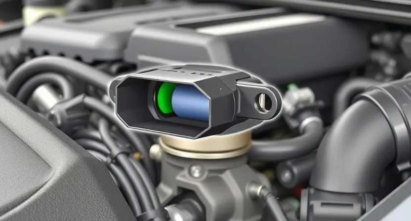 A close-up, detailed illustration of a car's engine bay, focusing on the mass airflow sensor (MAF sensor). The sensor should be clearly visible, with surrounding engine components subtly in focus. The overall lighting should be bright and clean, highlighting the sensor's details. The background should be blurred to emphasize the sensor.