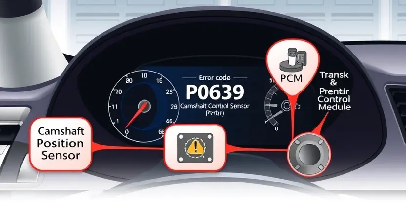 A detailed illustration of a car's diagnostic interface displaying error code P0639, with visual representations of related engine components like the camshaft position sensor, crankshaft position sensor, and PCM (Powertrain Control Module). The background should be a clean, professional automotive workshop environment.