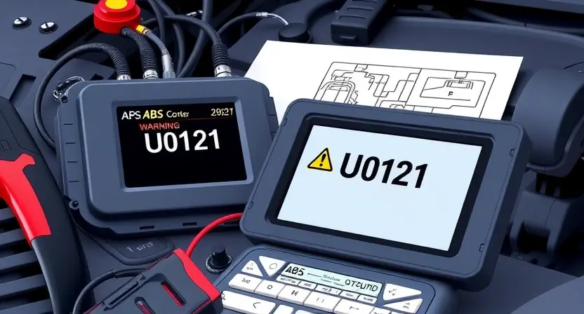 A modern automotive diagnostic scene showing an ABS control module with a warning U0121 error code displayed on a tablet or diagnostic scanner, surrounded by technical tools and wiring diagrams, clean technical illustration style