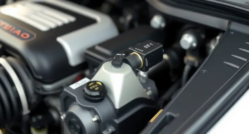 A close-up shot of a car's engine bay, focusing on the mass airflow sensor. The sensor should be clearly visible, with surrounding engine components slightly blurred. The overall lighting should be bright and clean, highlighting the sensor's details.
