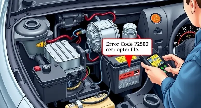 A detailed illustration of a car's electrical system with a highlighted error code P2500, showing the components involved such as the battery, alternator, and wiring. The image should depict a mechanic using a diagnostic tool to identify the issue, with visual indicators like a warning light on the dashboard.