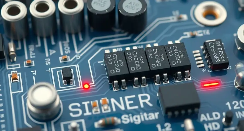 A close-up, detailed illustration of a sensor control circuit board. Focus on the signal path, highlighting a weak signal indicator. Include components like resistors, capacitors, and integrated circuits. The overall aesthetic should be clean and technical, emphasizing the electronic components and the flow of the signal.